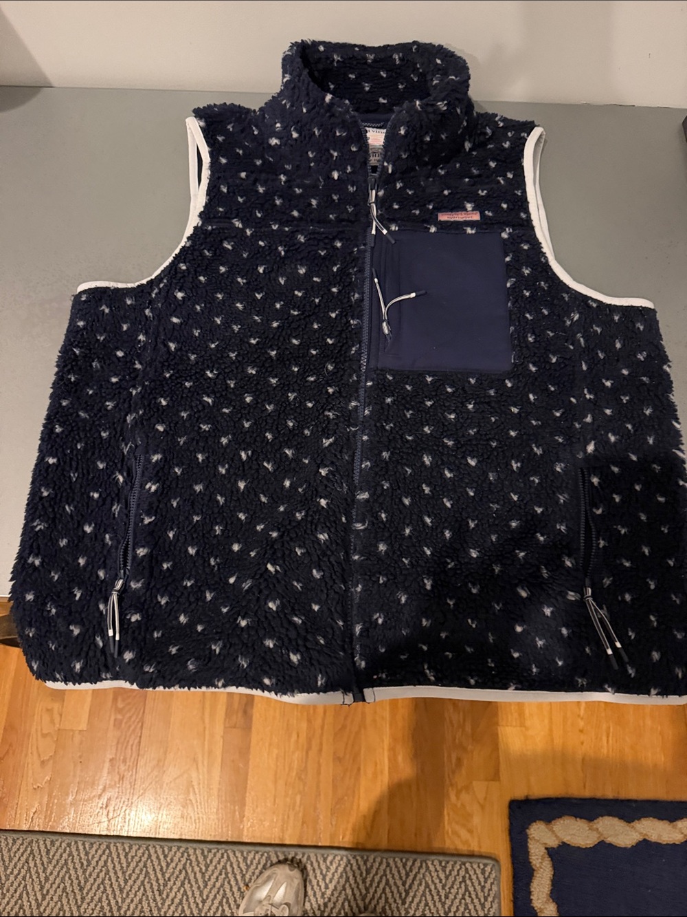 Vineyard Vines Navy Sherpa Vest with White Trim and Chest Pocket